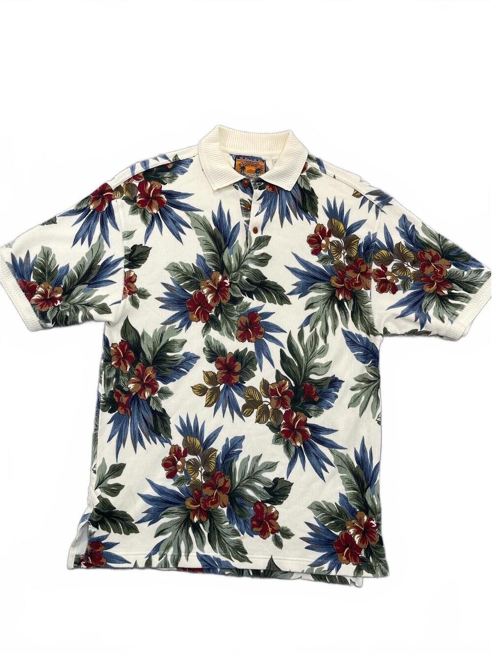Pussers West Indies Tropical Polo Shirt Mens Large Corduroy Collar Hawaiian Palm